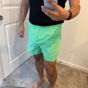 American Eagle Outfitters Neon Green and White Striped Swim Trunks